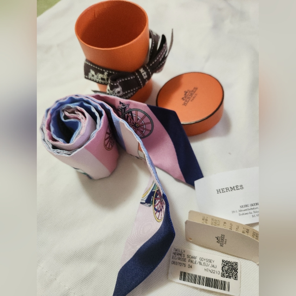 Hermes Twilly "Les Voitures Exquises" - Bleu/Rose/Vert - Picture 3 of 16
